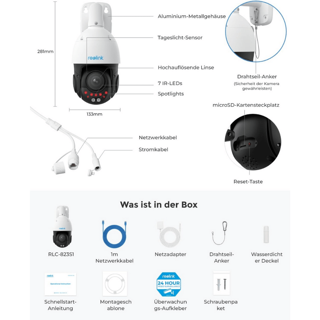 ReoLink RLC-823S1 4K 360° Auto-Tracking PoE-Kamera mit 5X optischem Zoom