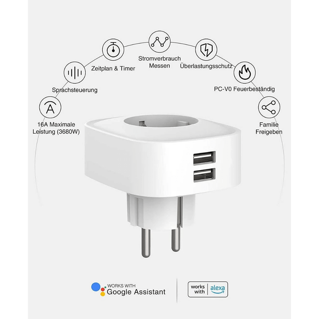Gosund Smart Wi-Fi Plug,16A WLAN Steckdose mit 2x USB 2 Stück