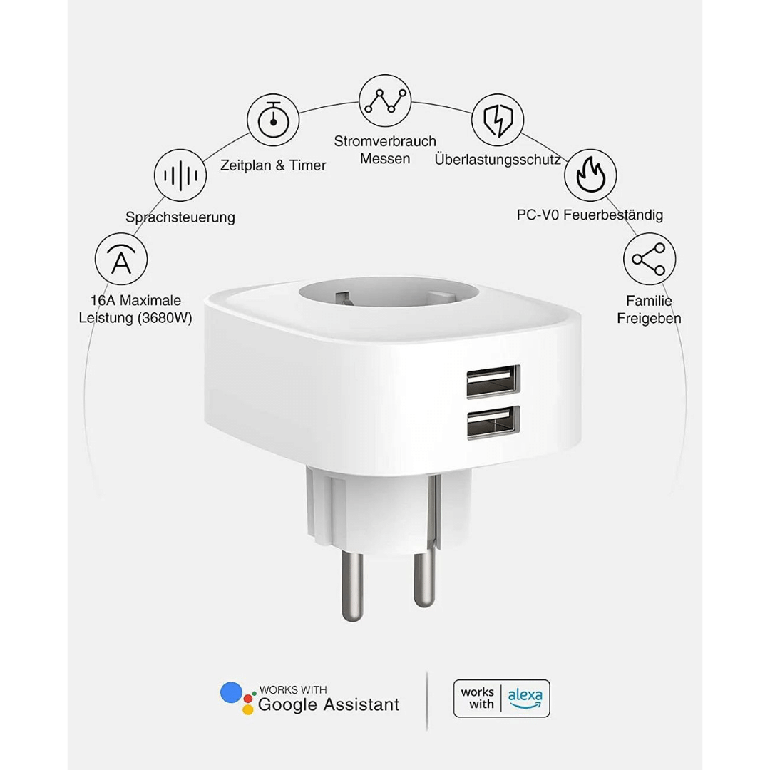 Gosund Smart Wi-Fi Plug,16A WLAN Steckdose mit 2x USB 2 Stück